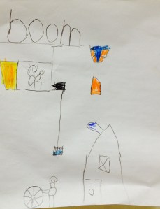 I liked this boy’s alternative explanation for the BOOM at the beginning of the story. In his version, the noise is made by bricks falling on a house.